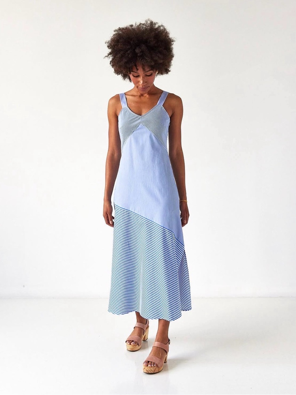 Brass clothing 1X striped Poplin midi dress, blue and white